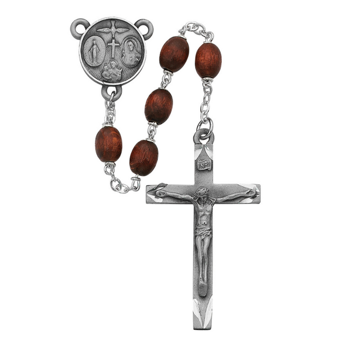 Brown Wood Beads Four Way Medal Pewter Rosary