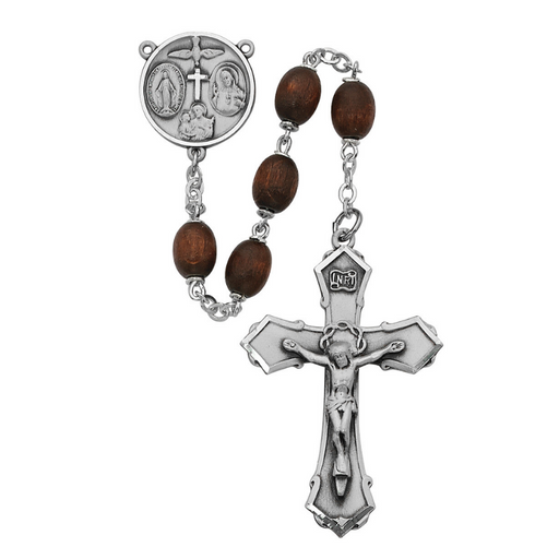 Brown Wood Oval Beads Pewter Four Way Medal Rosary Rosary Accessory Catholic Gifts Catholic Presents Gifts for all occasion 