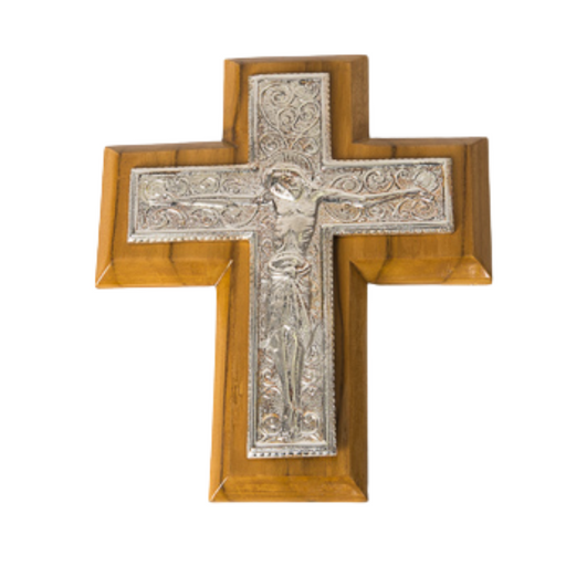 Byzantine Wall Crucifix on Hand Carved Wood Silver Plated or Brass Byzantine Crucifix on Wood Backing