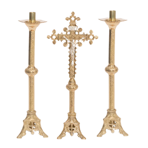 Traditional Solid Brass Crucifix and Candlesticks Altar Set
