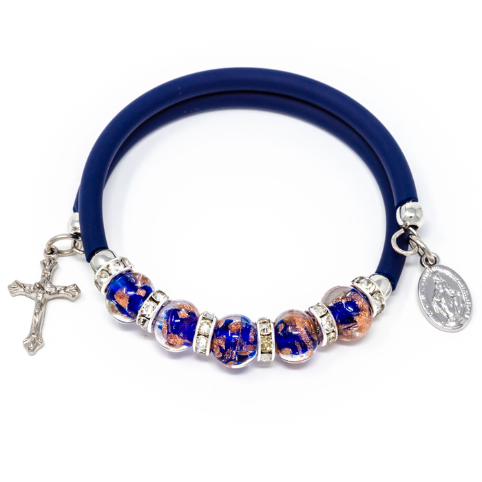 Cobalt Blue Rubber Bracelet with Miraculous Medal, Crucifix, and Genuine Sommerso Murano Beads