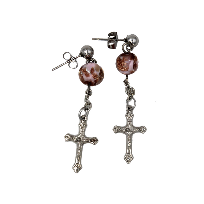 Crucifix Earrings with Genuine Pink Murano Beads