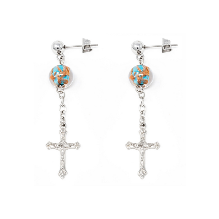 Crucifix Earrings with Genuine Turquoise Murano Beads