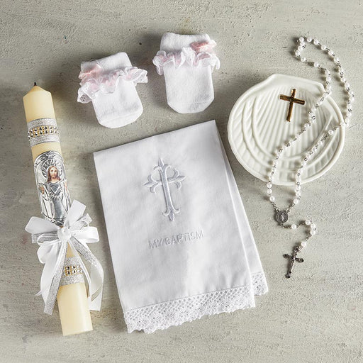 Embroidered Baptismal Towel with Cross Lace Trim (4 pieces per package)