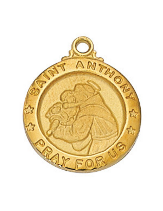 Medalla de San Antonio de oro sobre plata de ley con cadena chapada en oro de 18"