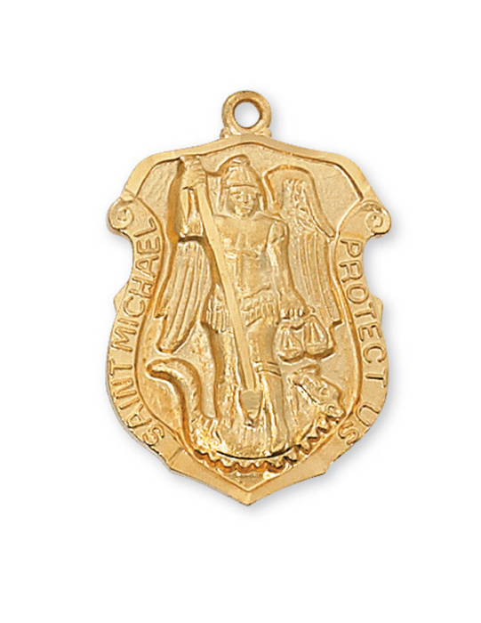 Medalla con insignia de San Miguel en oro grabable sobre plata de ley con cadena chapada en oro de 24"