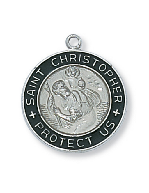 engravable Sterling Silver St. Christopher Black Enameled Medal w/ 18" Rhodium Chain engravable Sterling Silver St. Christopher Black Enameled Medal  engravable Sterling Silver St. Christopher Black Enameled Necklace