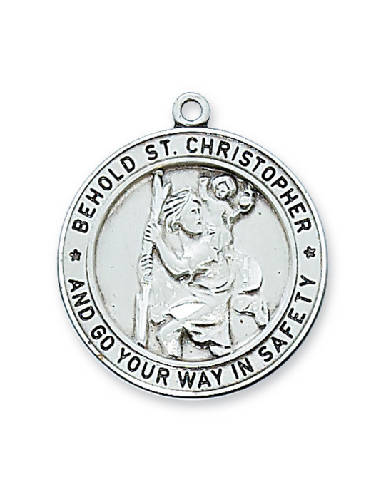 Engravable Sterling Silver Behold St. Christopher Medal w/ 24" Rhodium Plated Chain Engravable Sterling Silver Behold St. Christopher Medal Engravable Sterling Silver Behold St. Christopher necklace