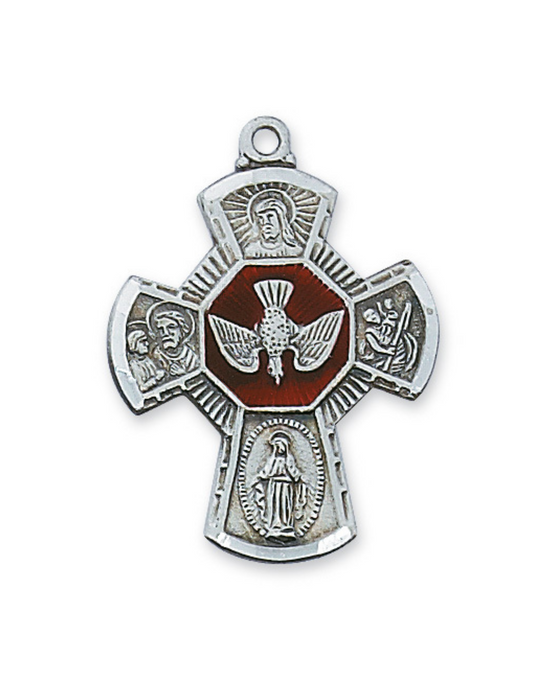 Medalla de cuatro vías grabable de plata de ley esmaltada en rojo con cadena chapada en rodio de 24"