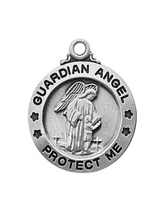 Medalla del ángel de la guarda de plata de ley con cadena de rodio de 18"