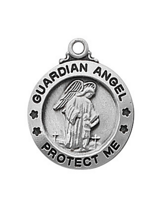 Engravable Sterling Silver Guardian Angel Medal w/ 18" Rhodium Chain