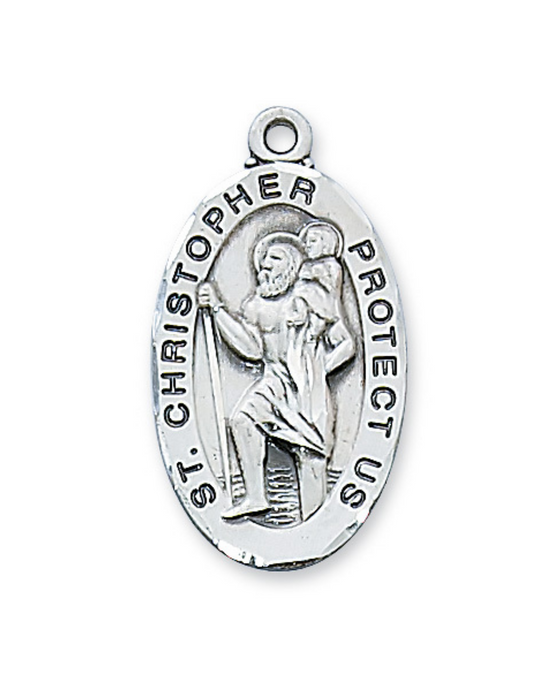 Medalla de San Cristóbal ovalada de plata de ley grabable con cadena chapada en rodio de 24"