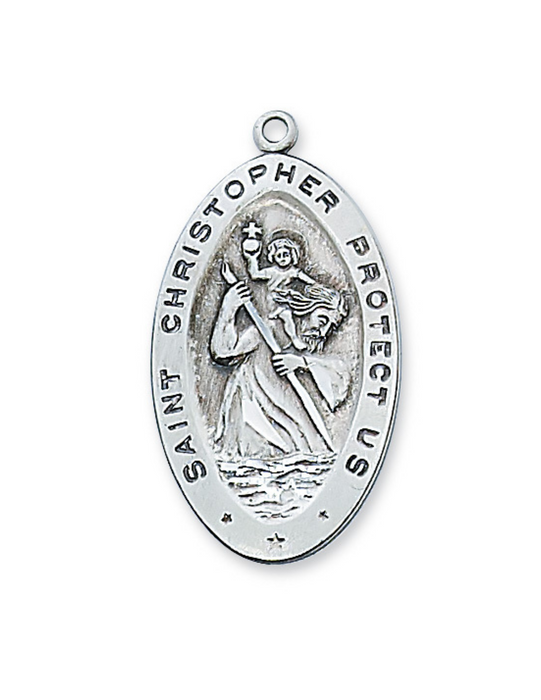 Medalla ovalada de San Cristóbal de plata de ley grabable con cadena chapada en rodio de 24"