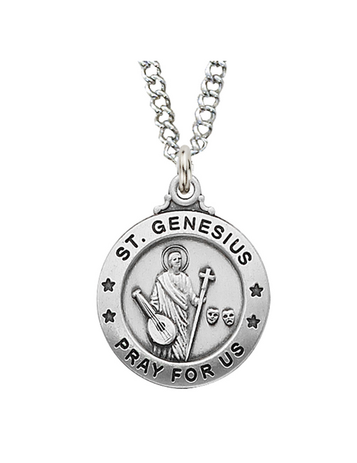 Engravable Sterling Silver St. Genesius Medal w/ 20" Rhodium Plated Chain 