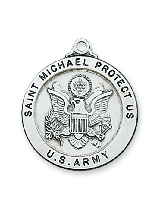 Medalla del ejército de San Miguel de plata de ley grabable con cadena chapada en rodio de 24"