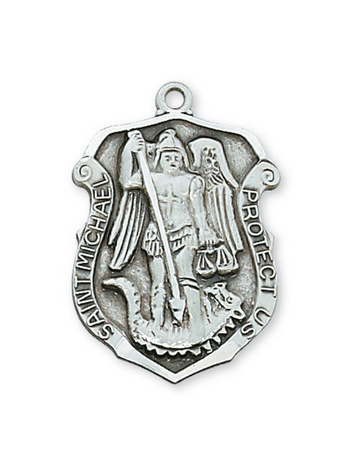 Engravable Sterling Silver St. Michael Badge Medal w/ 18" Rhodium Plated Chain Engravable Sterling Silver St. Michael Badge medal Engravable Sterling Silver St. Michael Badge Medal necklace