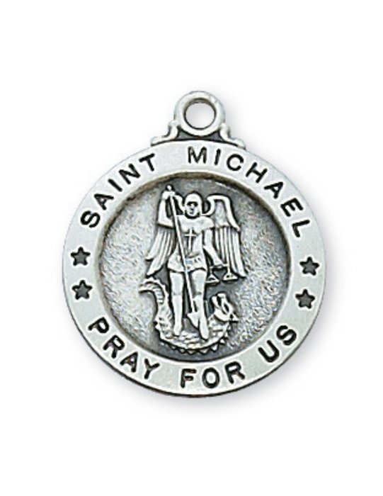 Medalla de San Miguel de plata de ley con cadena de rodio de 18"