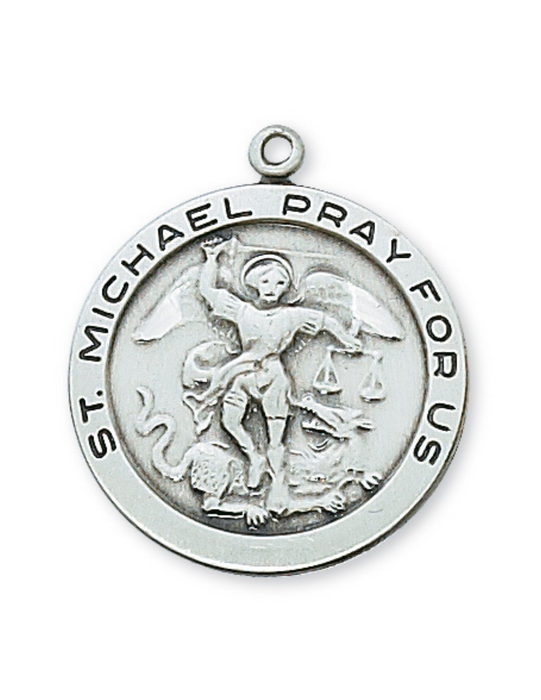 Medalla de San Miguel Patrono de plata de ley grabable con cadena de rodio de 24"