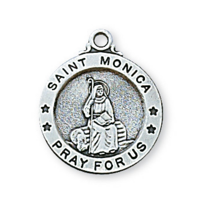 Medalla de Santa Mónica de plata de ley grabable con cadena de rodio de 18"