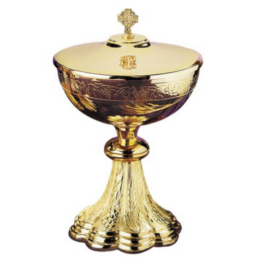Engraved Grapes and Wheat Ciborium with Celtic Cross Cover