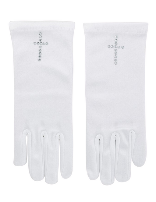 White Satin First Communion Gloves with Rhinestone Cross