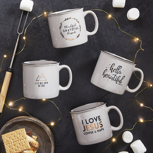 13oz Ceramic Thankful Grateful Blessed Campfire Mug13oz Ceramic Thankful Grateful Blessed Campfire Mug - 2 Pieces Per Package