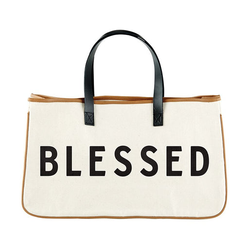 11" Large Canvas Tote with Genuine Leather Handles - Blessed