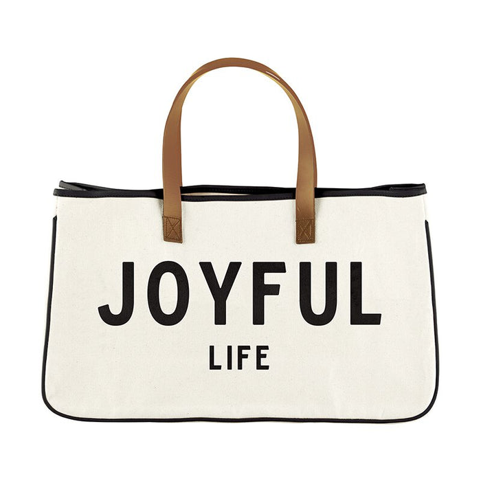 11" Large Canvas Tote with Genuine Leather Handles - Joyful Life