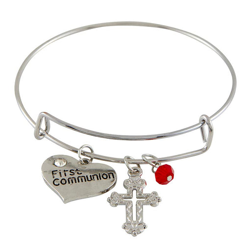 First Communion Heart and Budded Cross Bangle Bracelet
