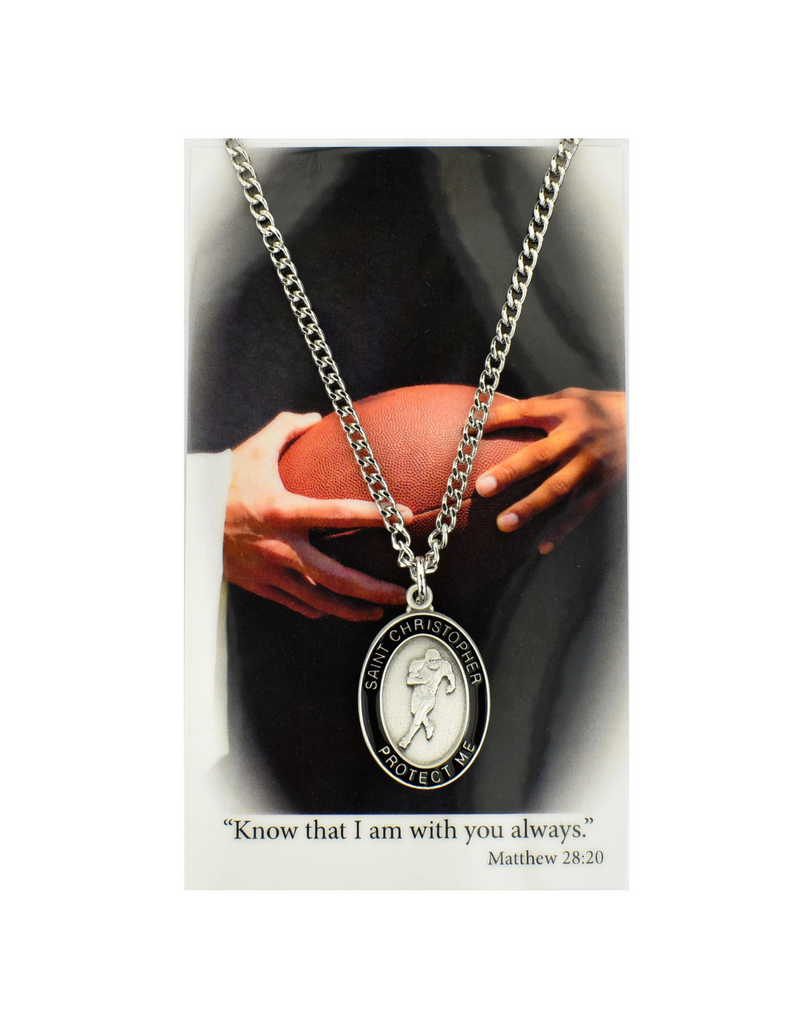 St. Christopher - Football Medal with 24" Chain and Laminated Holy Card Set