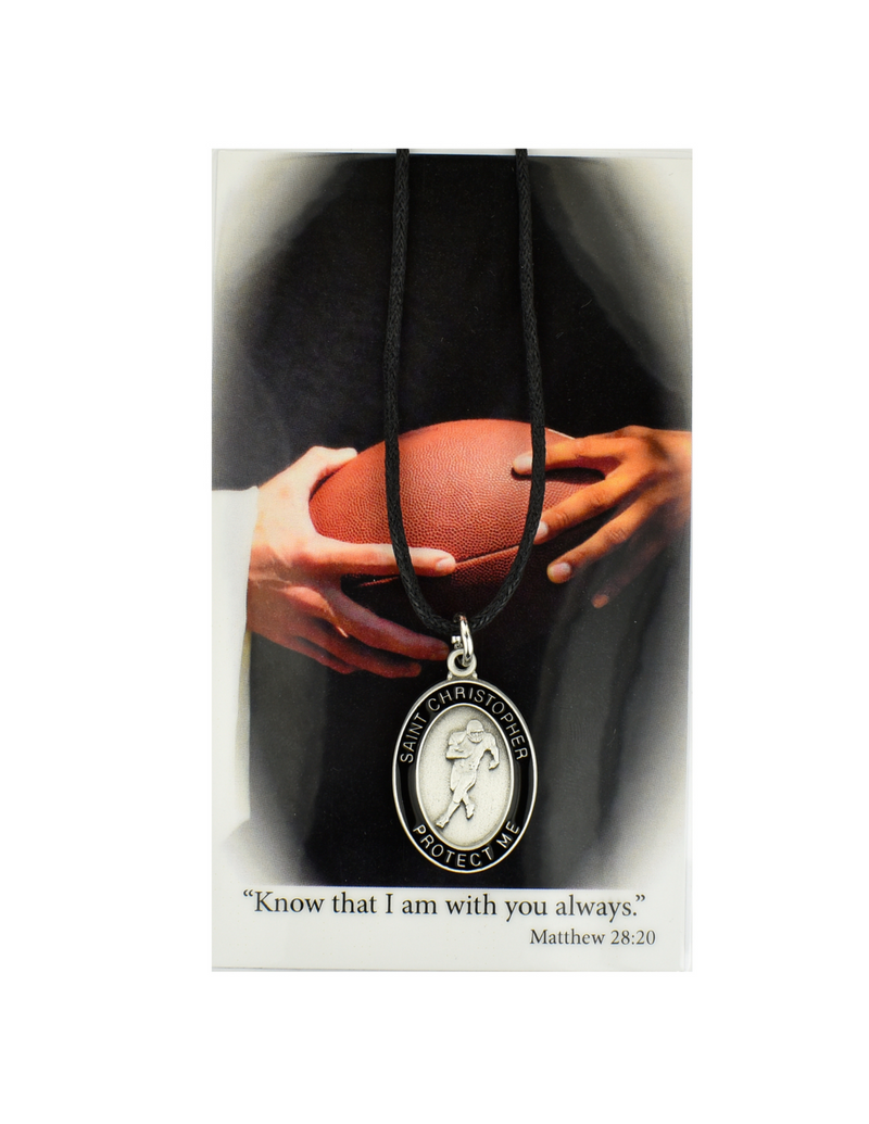 St. Christopher - Football Medal with adjustable chord and Laminated Holy Card Set