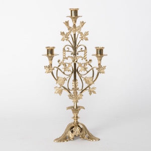French Design Three-Light Church Altar Candelabra Polished Brass and Lacquered 3 Light Candelabra
