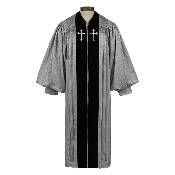 Silver Jacquard Pulpit Robe with Black Velvet Panels Embroidered Cross