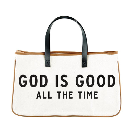 11" Large Canvas Tote with Genuine Leather Handles - God is Good All the Time