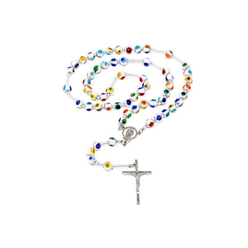 Genuine Murano White Rosary with Hand-knotted Mosaic Beads