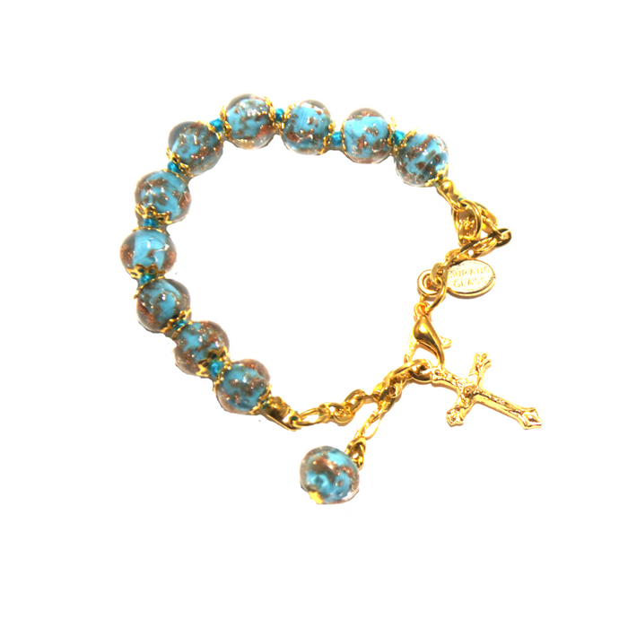 Genuine Turquoise Murano Gold Tone Rosary Bracelet with Crucifix and Hand-knotted Sommerso Beads