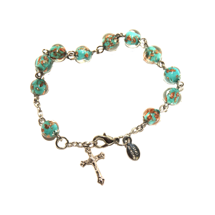 Genuine Turquoise Murano Silver Tone Rosary Bracelet with Sommerso Beads