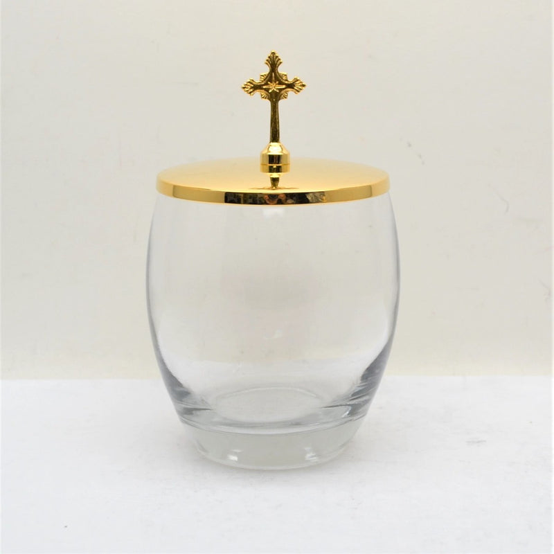 Copa de abluciones de vidrio con tapa y cruz chapadas en oro