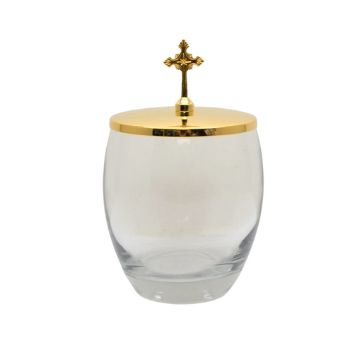 Glass Ablution Cup with Gold Plated Lid and Cross Ablution Cup, Glass base with gold plated lid and cross