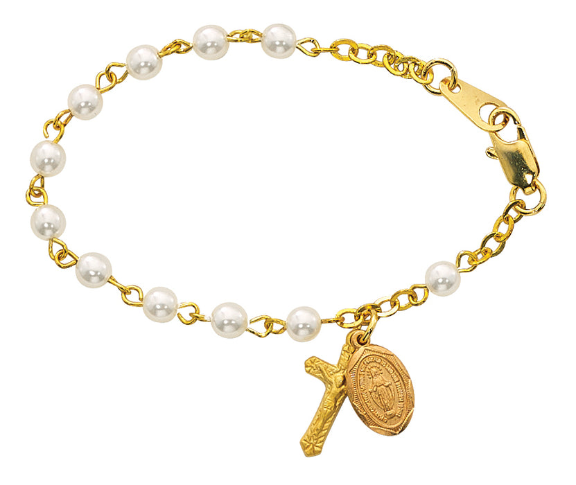 Glass Pearl Beads Gold Plated Miraculous Medal Bracelet