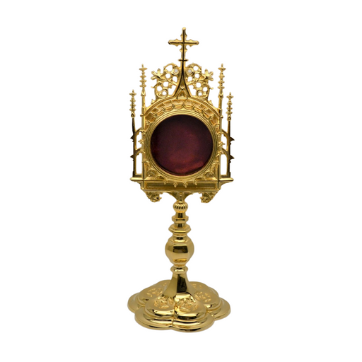 Gold Plated Gothic Style Reliquary 13 1/2" tall Gold plated Reliquary with large view window for the largest of relics. Presented in gothic style with a full 24kt. gold-plate.