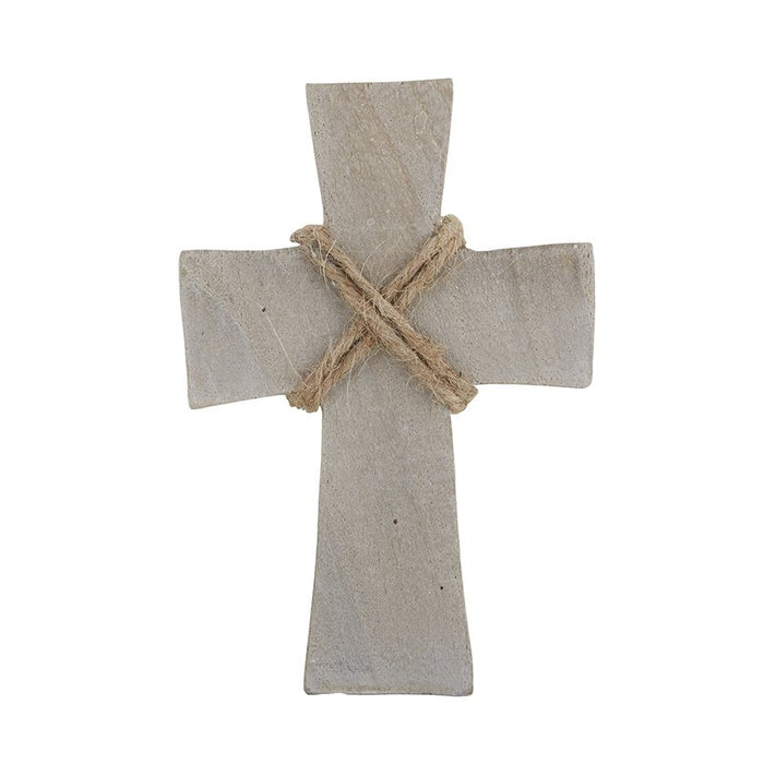 Cruz de pie de madera de Paulownia con acabado gris y cuerda - Pequeña