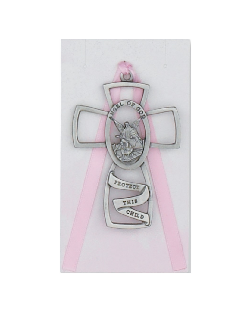 Cruz de cuna con ángel de la guarda - Rosa