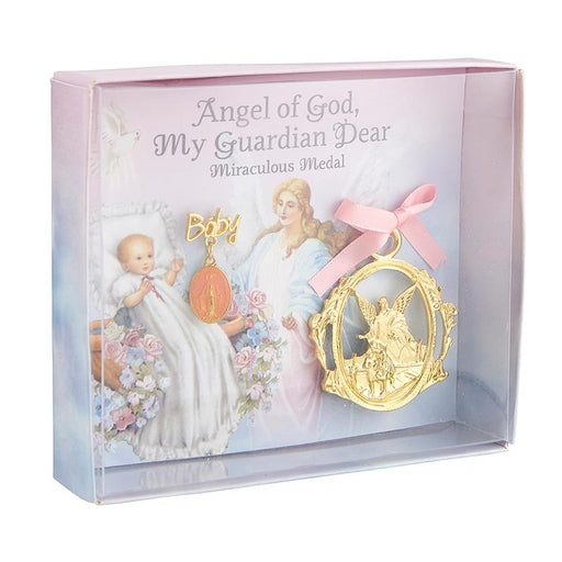 Guardian Angel Crib Medal with Pink Miraculous Pin - 4 Pieces Per Package