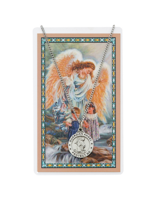 Guardian Angel Pewter Medal with 24" Silver Tone Chain and Prayer Card Set Prayer Cards Prayer Card Set Holy Medals Holy Medal Necklace Medals for Protection Necklace for Protection