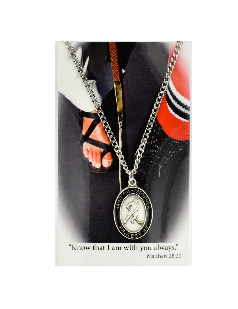 St. Christopher - Hockey Medal with 24" Chain and Laminated Holy Card Set
