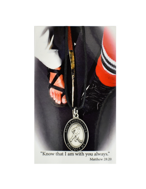 St. Christopher - Hockey Medal with adjustable chord and Laminated Holy Card Set