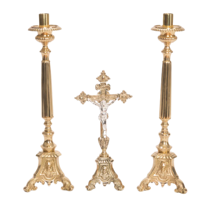 Holy Family Brass Crucifix and Candlesticks Altar Set