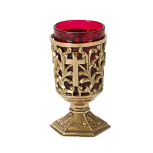 IHS Votive Candle Stand  Solid Brass IHS Votive Candle Stand with Red Glass votive cup 