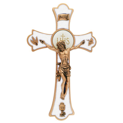First Communion Holy Mass White Crucifix with St. Benedict Molded Medal